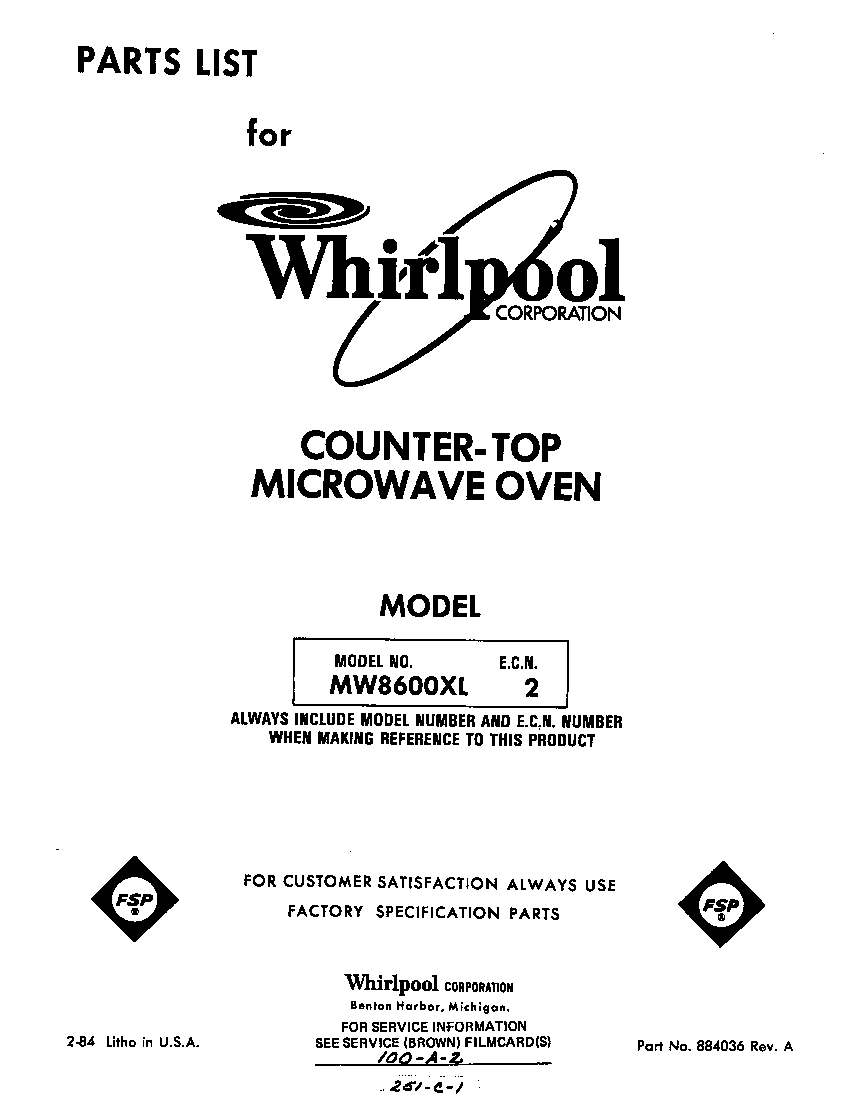 Whirlpool MW8600XL2 front cover diagram
