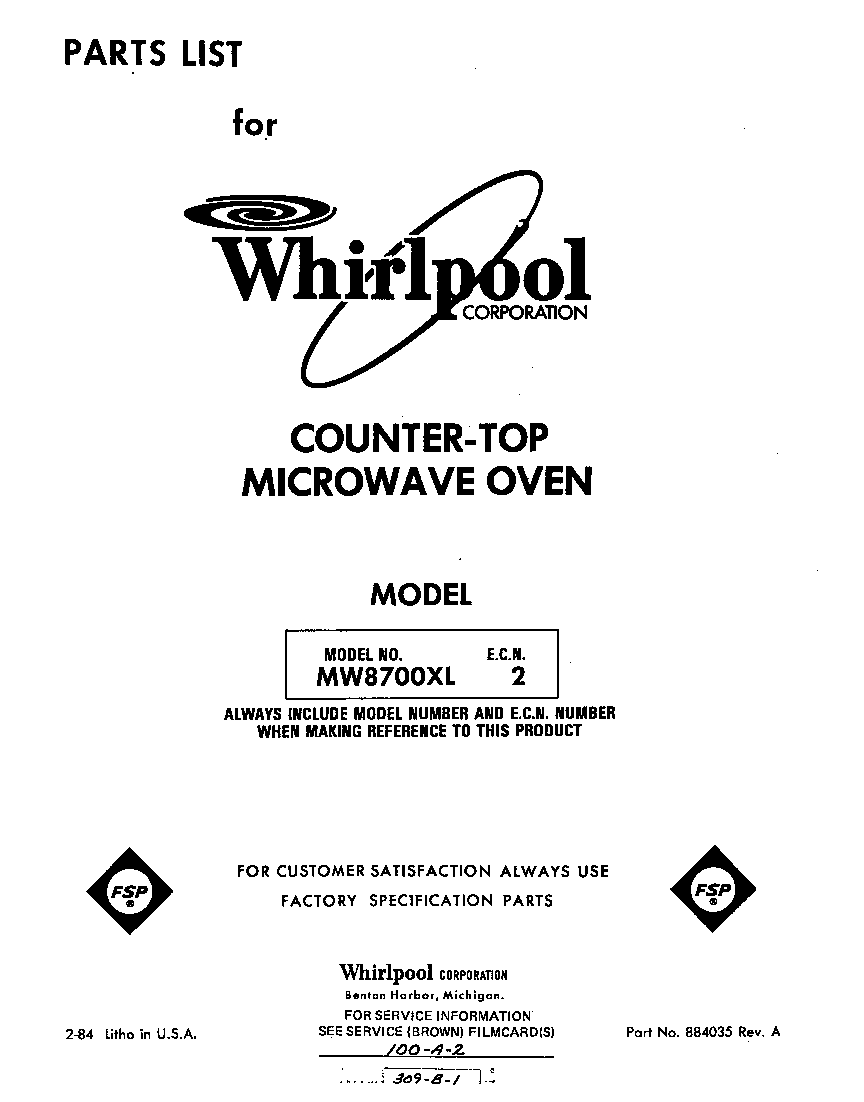 Whirlpool MW8700XL2 front cover diagram