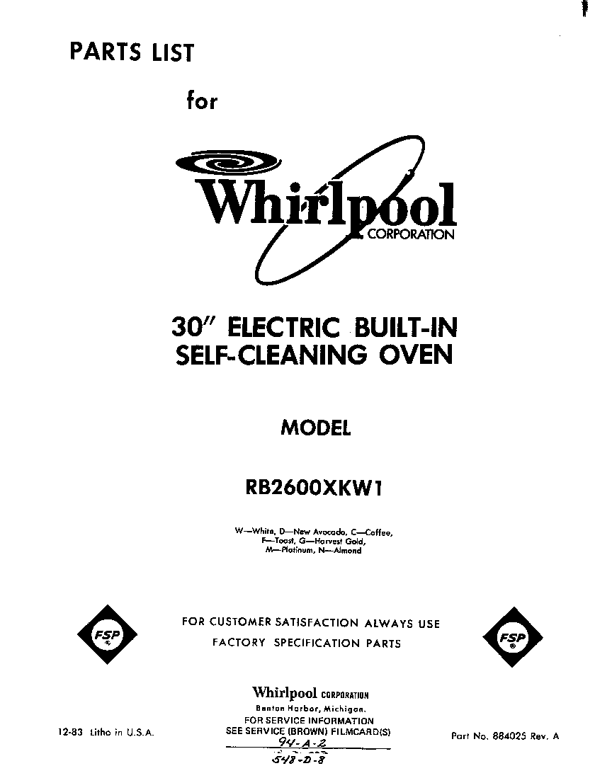 Whirlpool RB2600XKW1 cover page diagram
