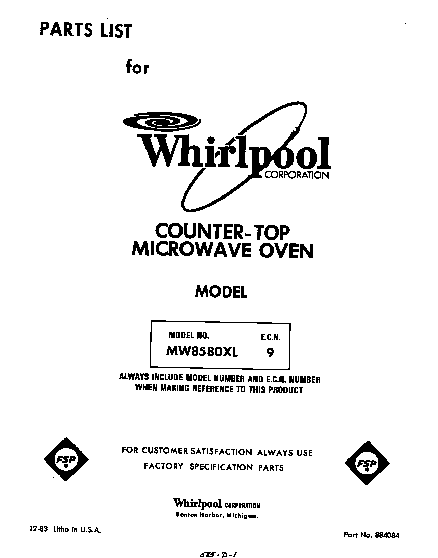 Whirlpool MW8580XL9 front cover diagram