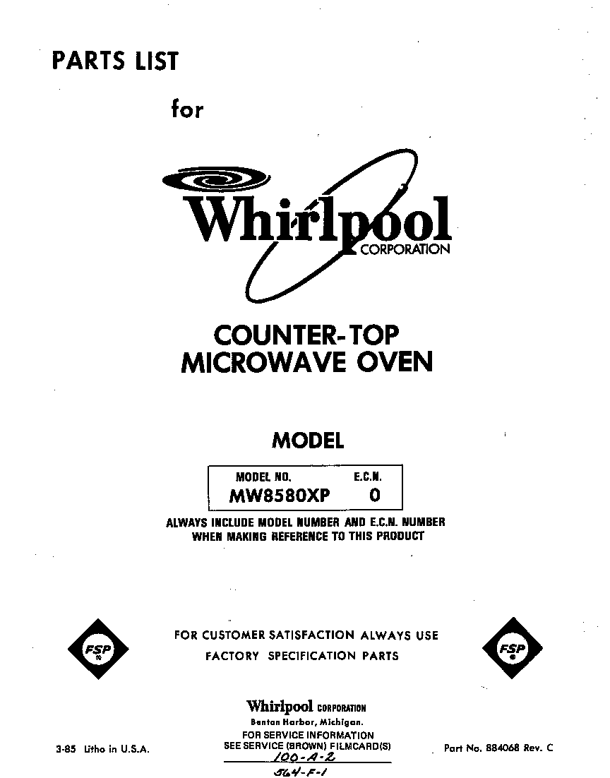 Whirlpool MW8580XP0 front cover diagram