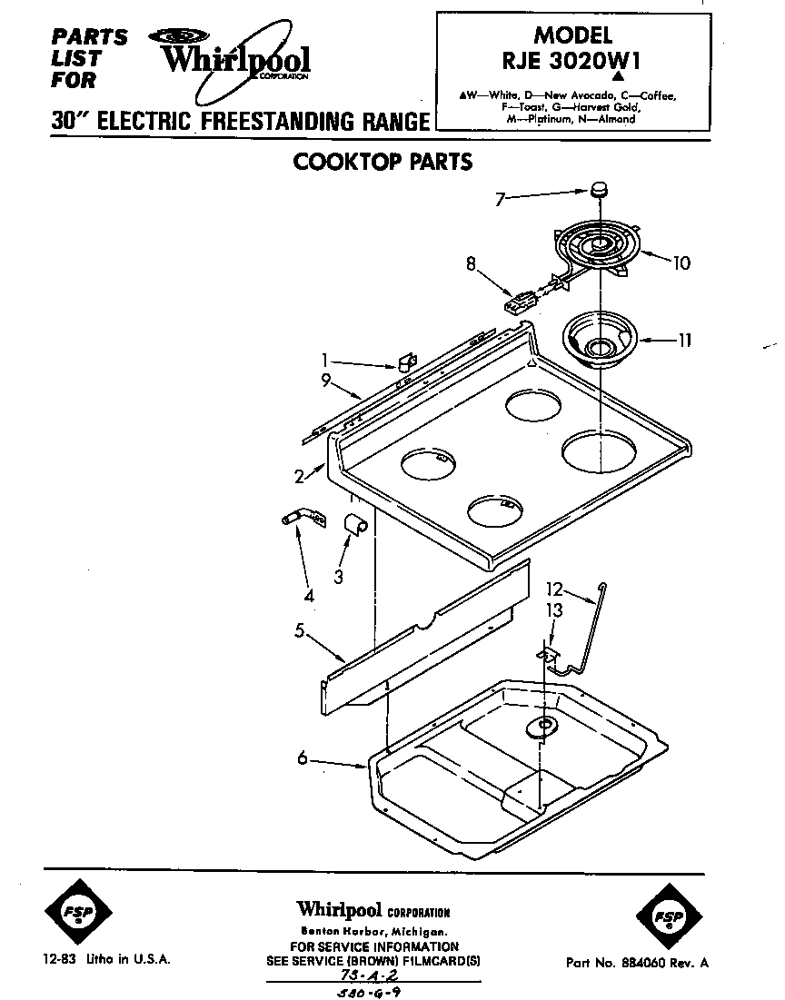 Whirlpool RJE3020W1 cooktop diagram