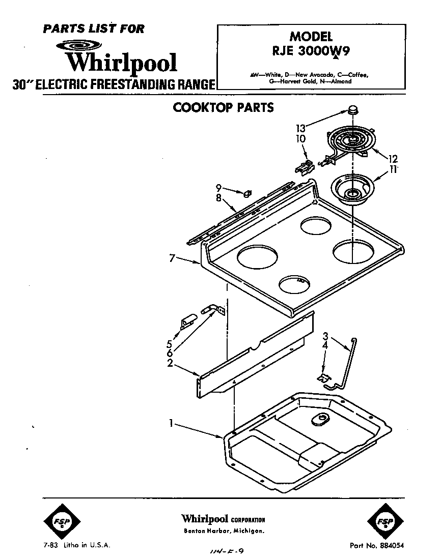 Whirlpool RJE3000W9 cooktop diagram