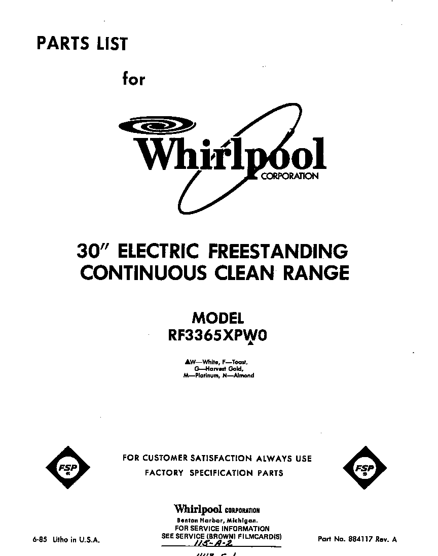 Whirlpool RF3365XPW0 front cover diagram