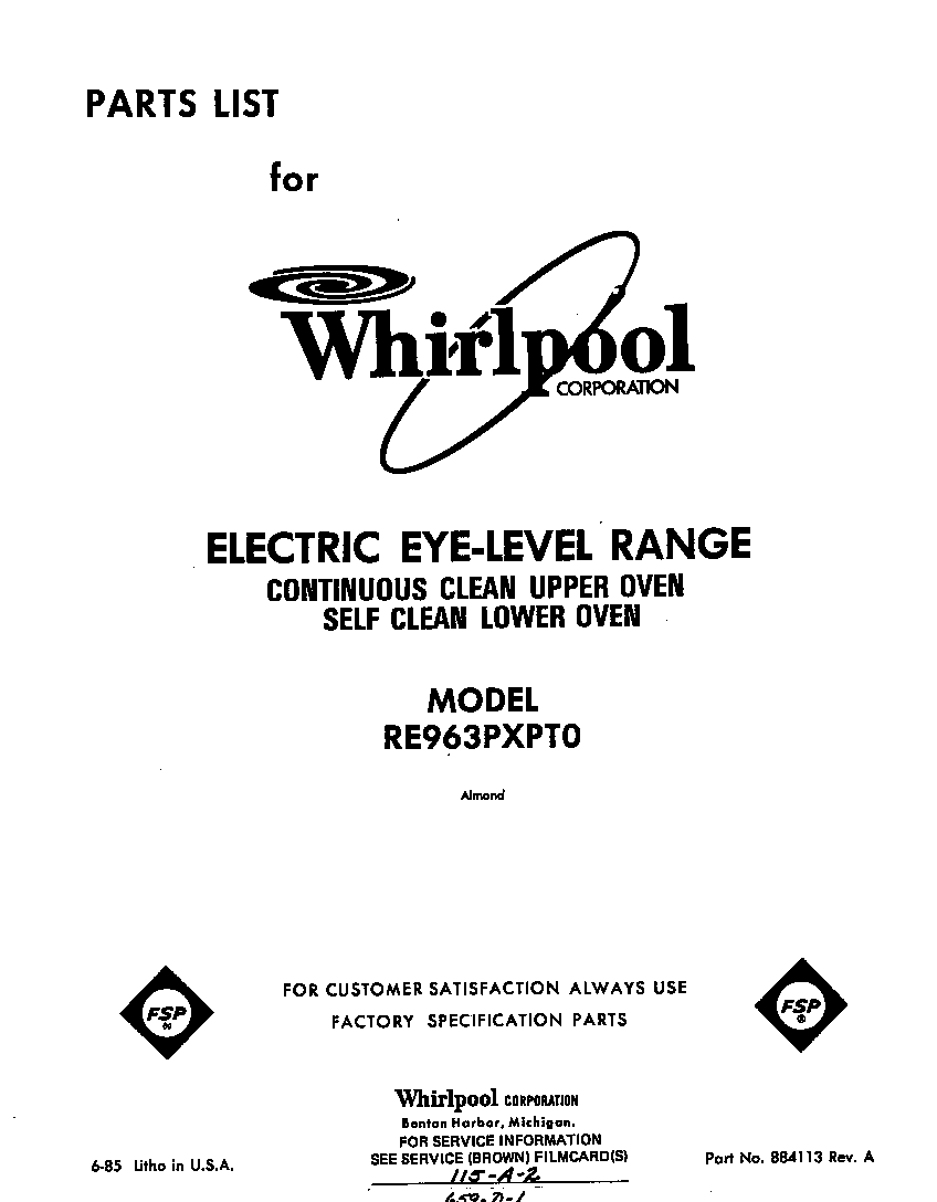 Whirlpool RE963PXPT0 front cover diagram