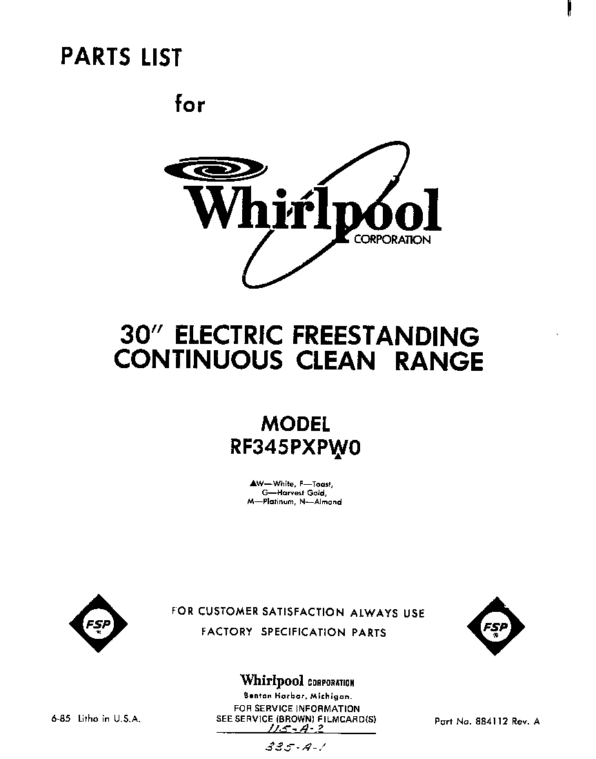 Whirlpool RF345PXPW0 front cover diagram