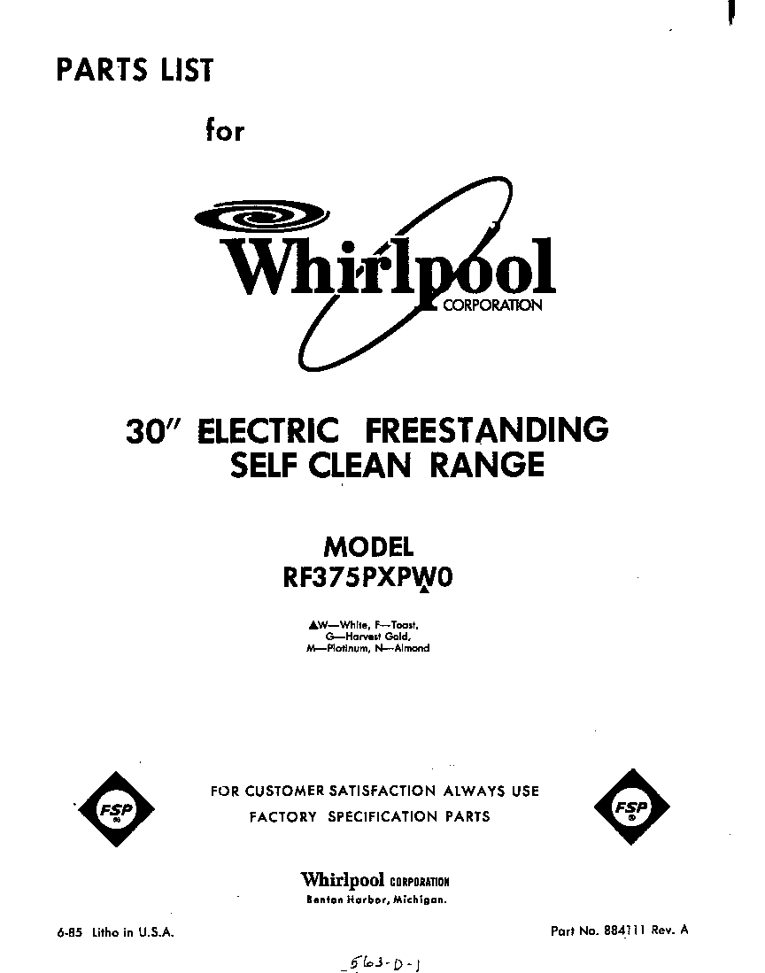 Whirlpool RF375PXPW0 front cover diagram