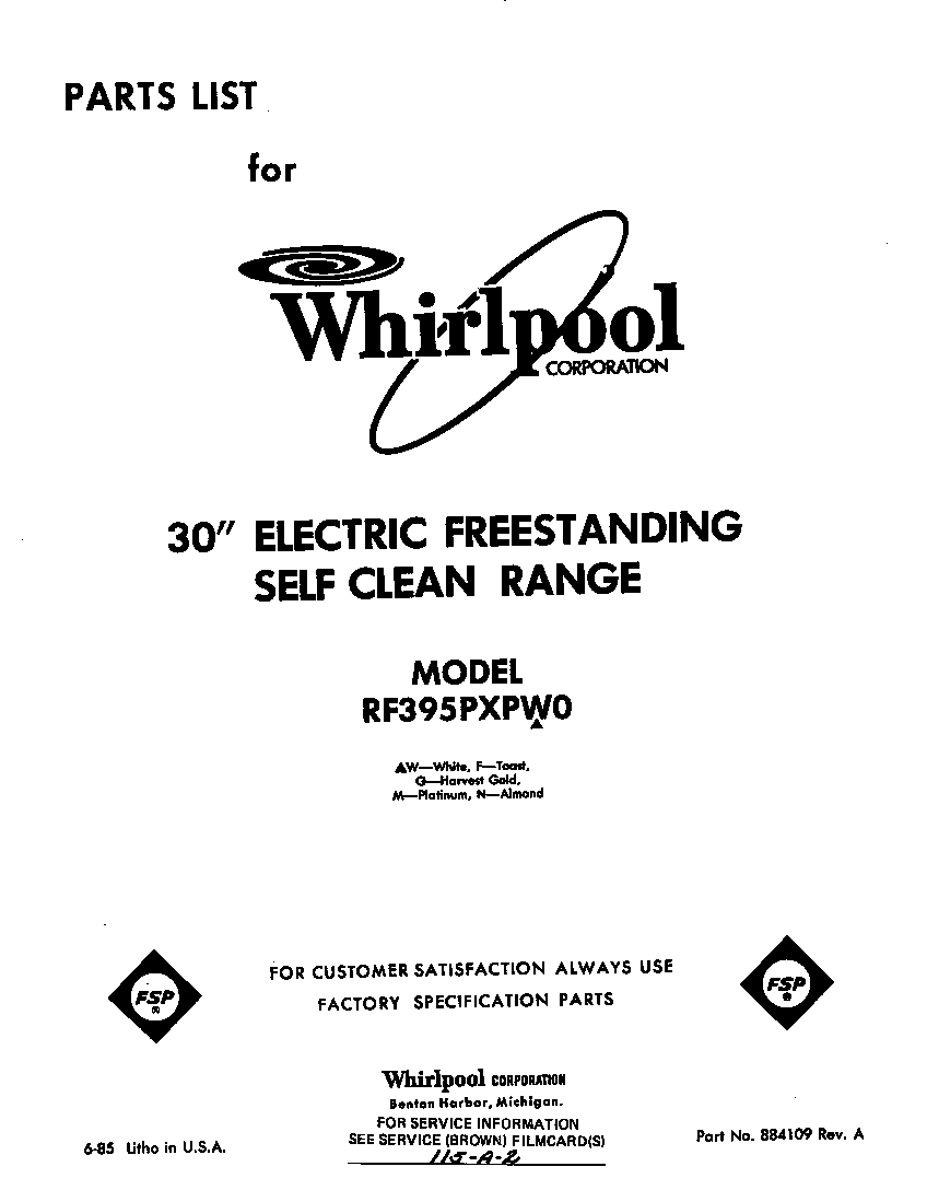 Whirlpool RF395PXPW0 front cover diagram