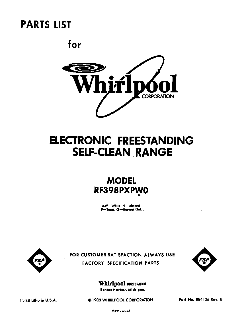 Whirlpool RF398PXPW0 front cover diagram