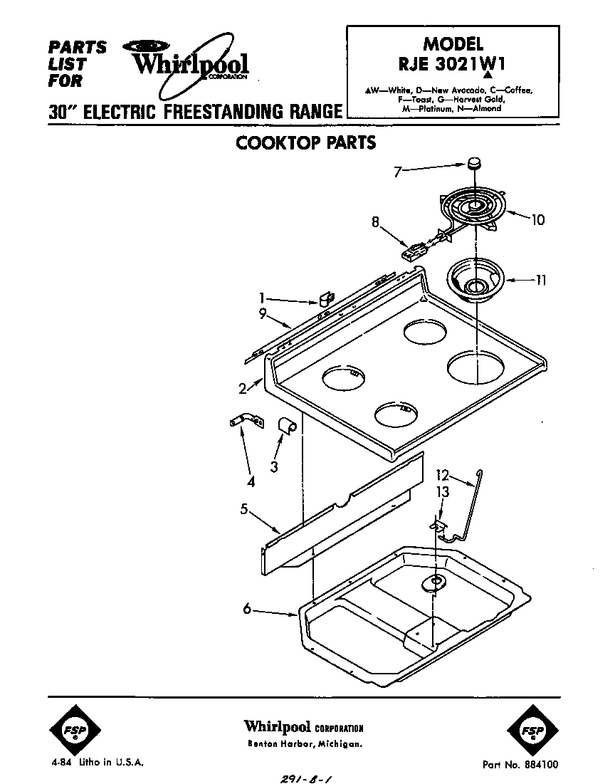 Whirlpool RJE3021W1 cooktop diagram