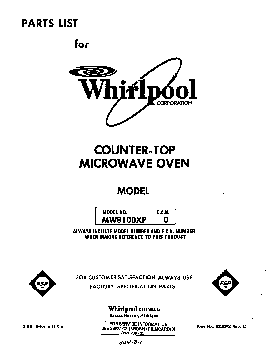 Whirlpool MW8100XP0 front cover diagram