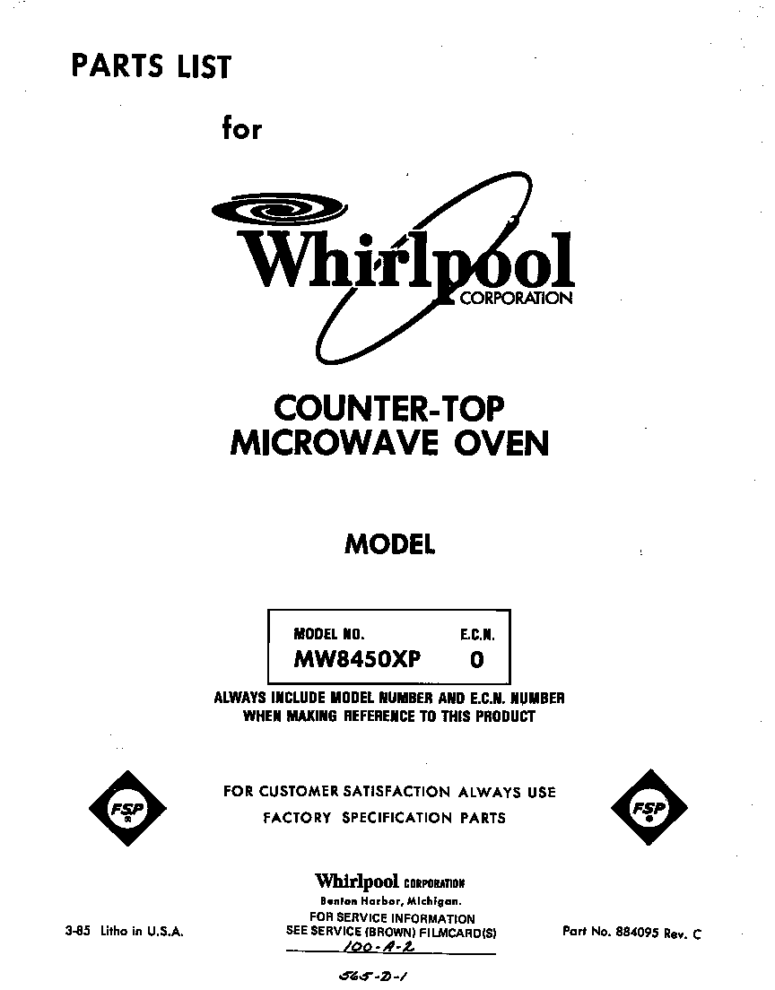 Whirlpool MW8450XP0 front cover diagram