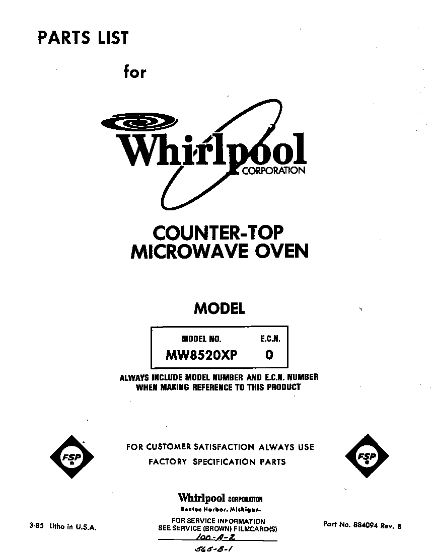 Whirlpool MW8520XP0 front cover diagram