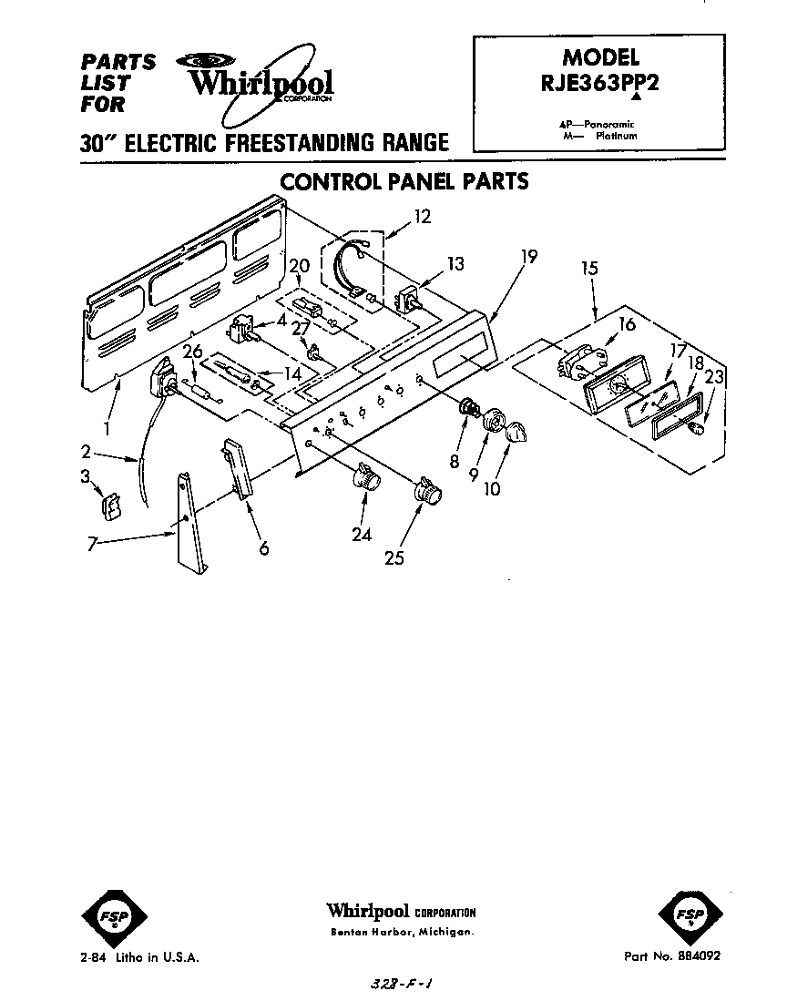 Whirlpool RJE363PP2 control panel diagram