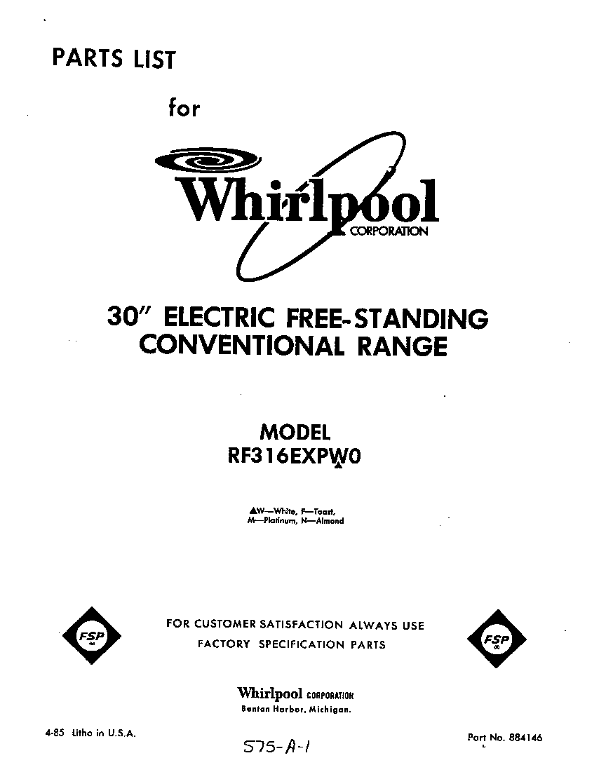Whirlpool RF316EXPW0 front cover diagram