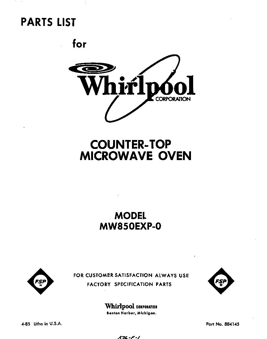 Whirlpool MW850EXP0 front cover diagram