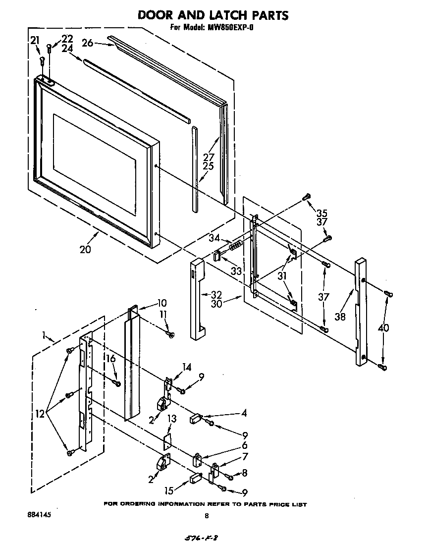 Whirlpool MW850EXP0 door and latch diagram