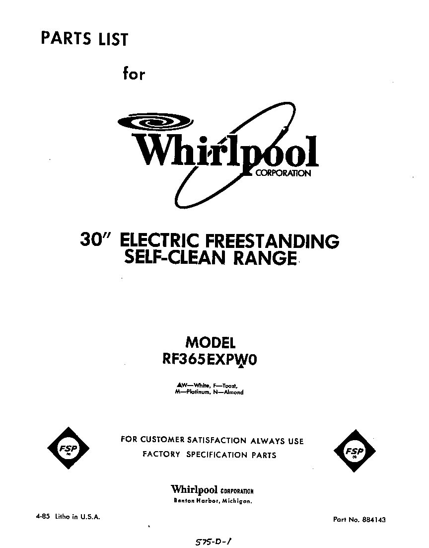 Whirlpool RF365EXPW0 front cover diagram