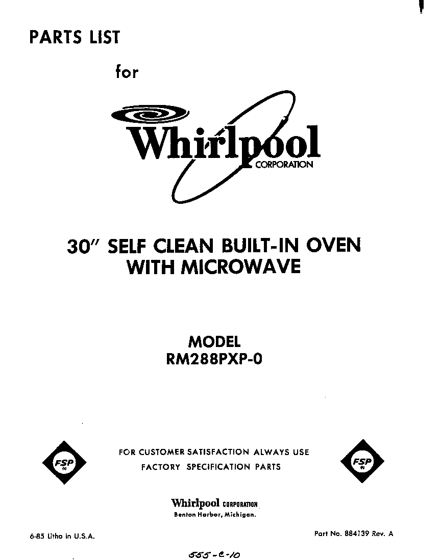 Whirlpool RM288PXP0 front cover diagram