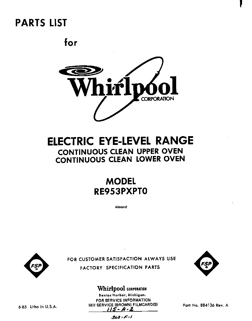 Whirlpool RE953PXPT0 front cover diagram