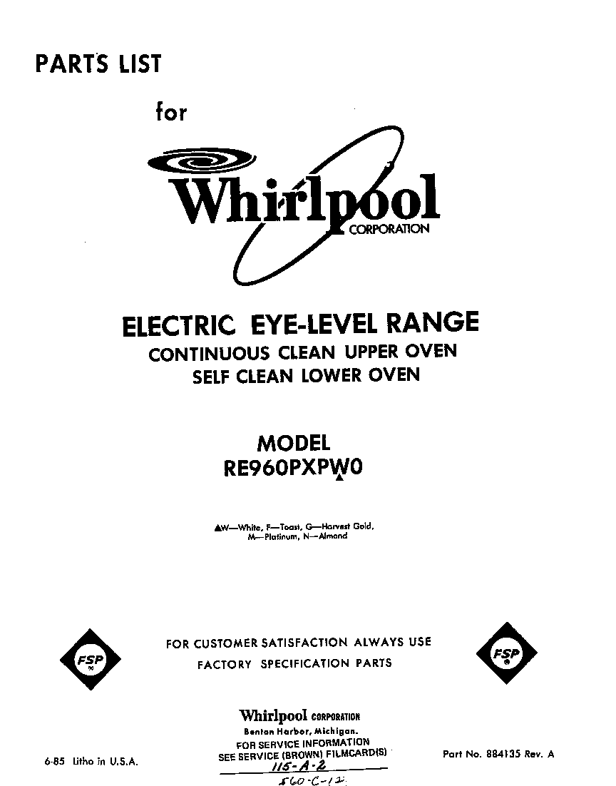 Whirlpool RE960PXPW0 front cover diagram