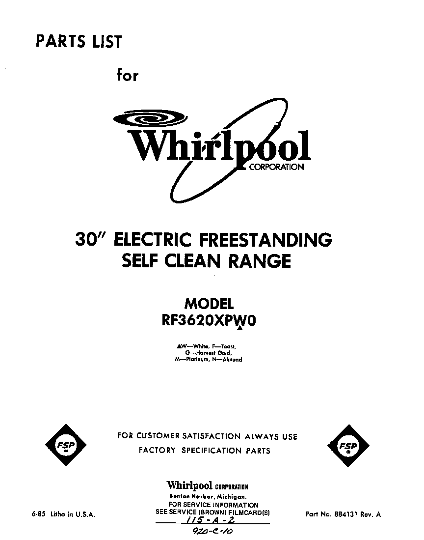 Whirlpool RF3620XPW0 front cover diagram