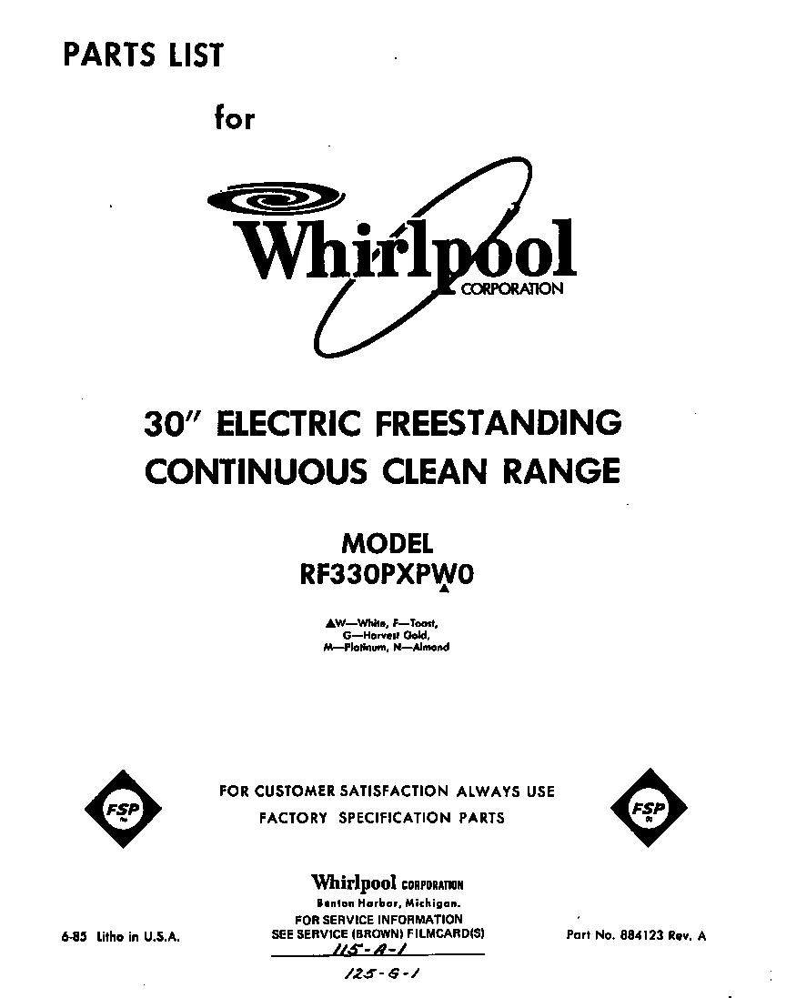 Whirlpool RF330PXPW0 front cover diagram