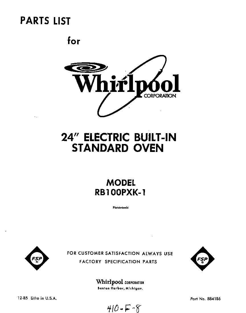 Whirlpool RB100PXK1 front cover diagram