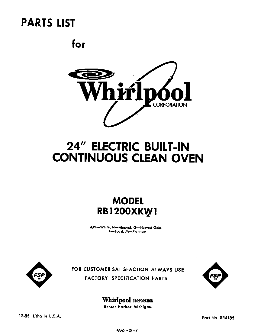 Whirlpool RB1200XKW1 front cover diagram
