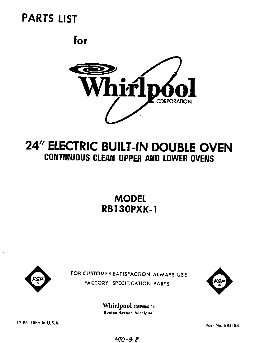 Whirlpool RB130PXK1 front cover diagram