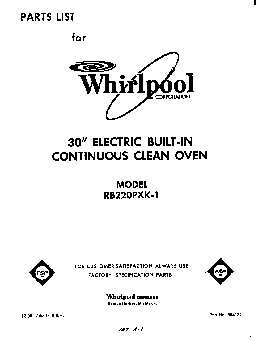 Whirlpool RB220PXK1 front cover diagram