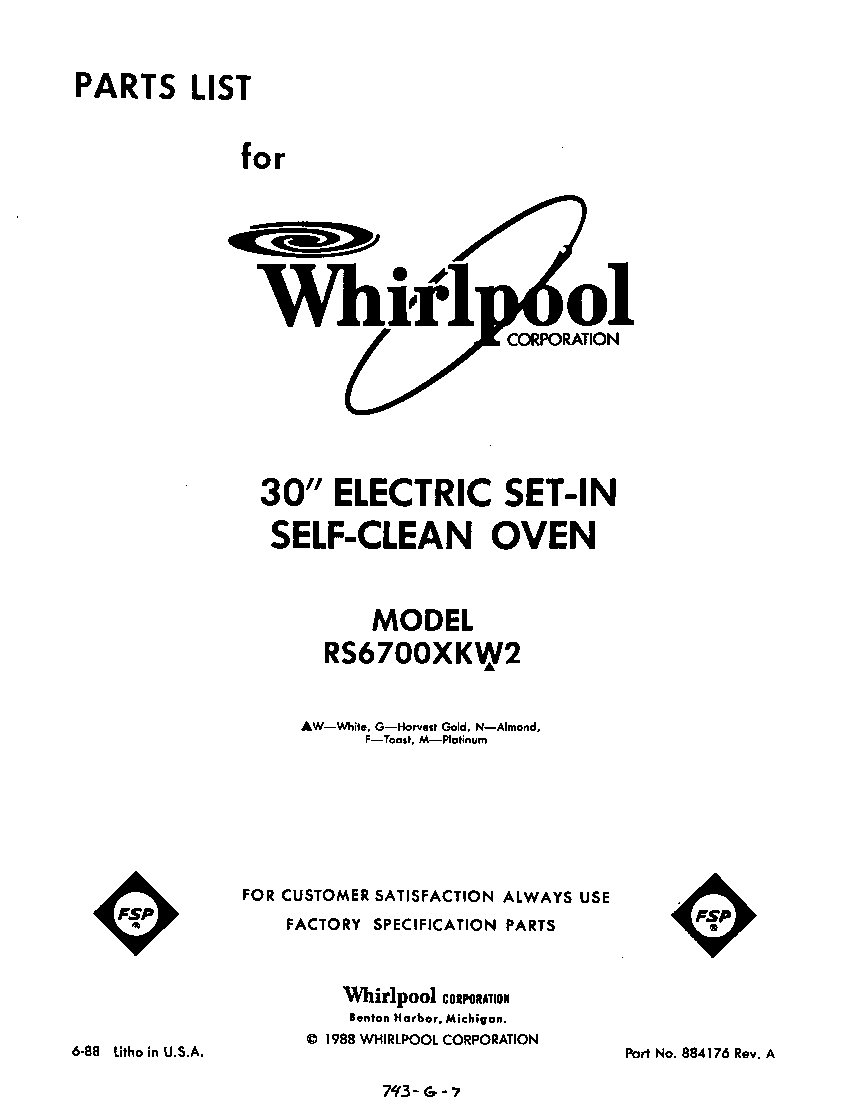 Whirlpool RS6700XKW2 front cover diagram