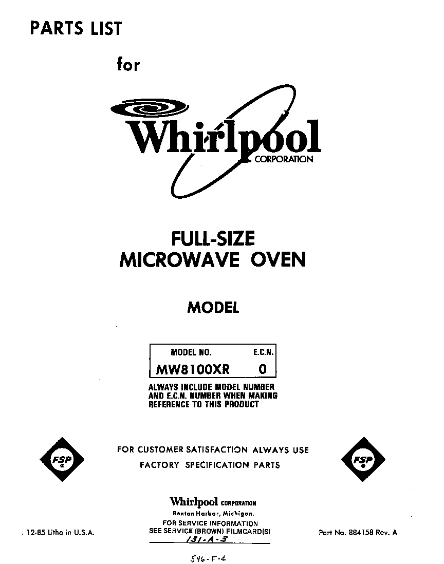 Whirlpool MW8100XR0 front cover diagram