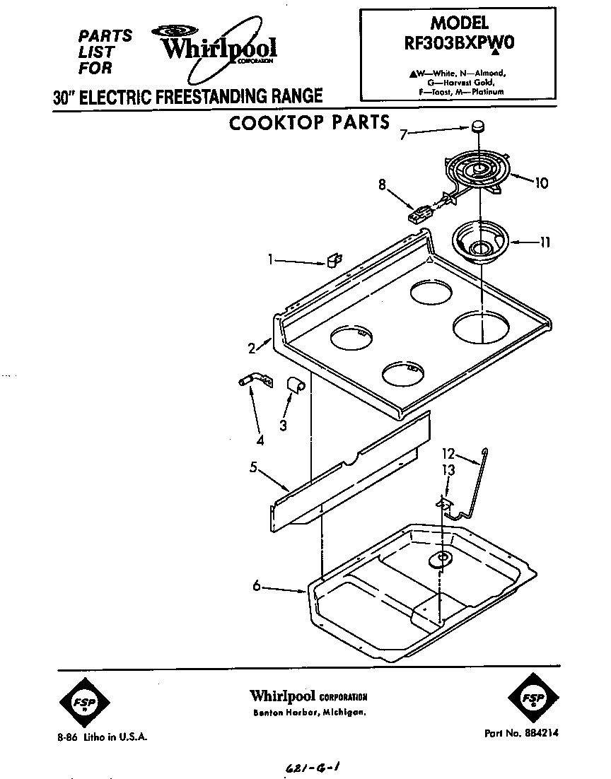 Whirlpool RF303BXPW0 cooktop diagram