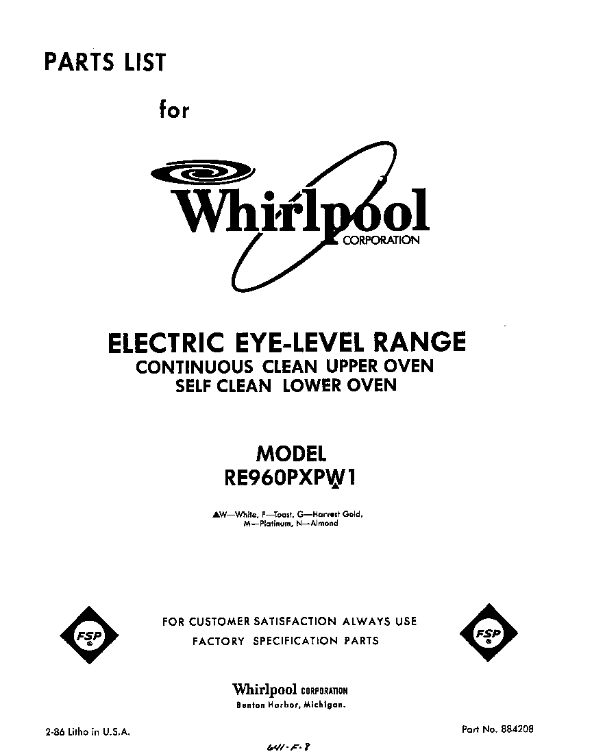 Whirlpool RE960PXPW1 front cover diagram