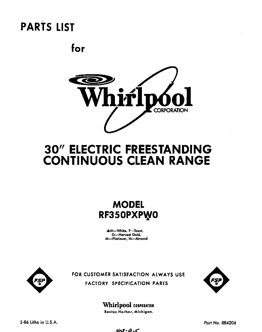 Whirlpool RF350PXPW0 front cover diagram