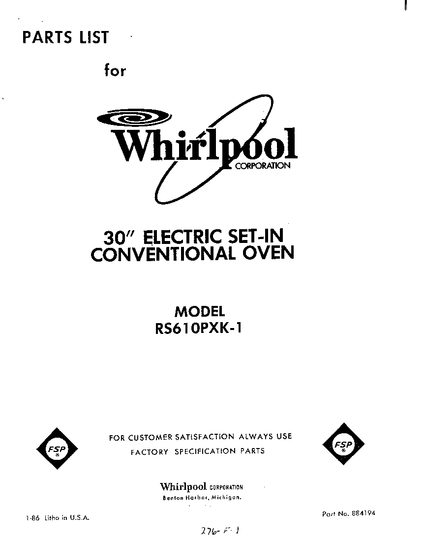 Whirlpool RS610PXK1 front cover diagram