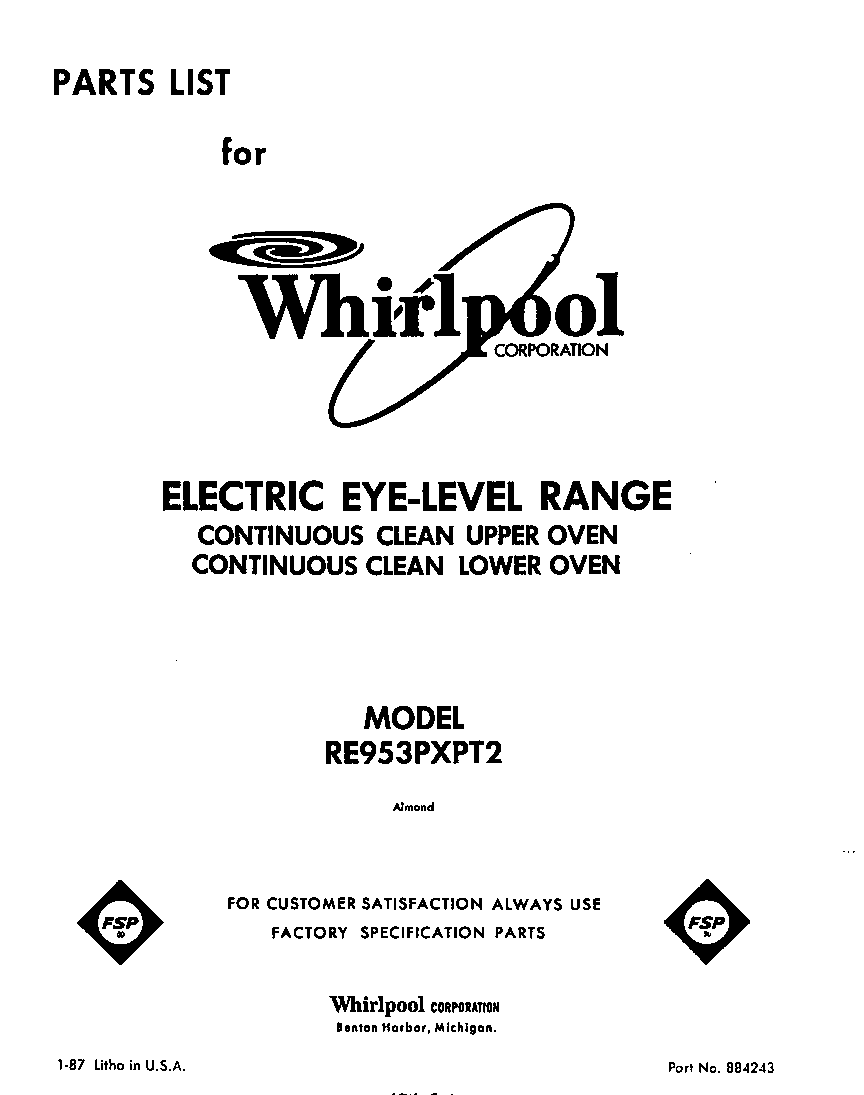 Whirlpool RE953PXPT2 front cover diagram