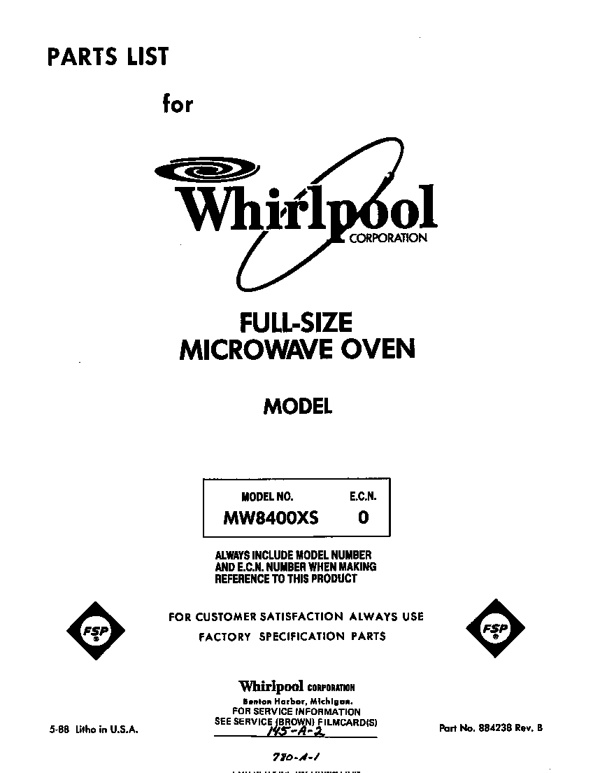 Whirlpool MW8400XS0 front cover diagram