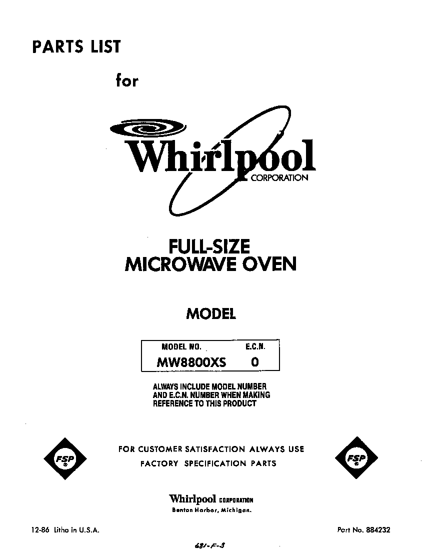 Whirlpool MW8800XS0 front cover diagram