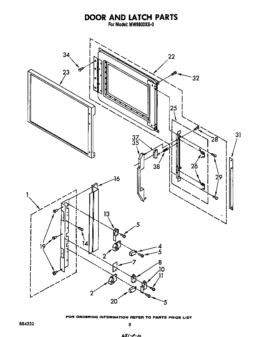 Whirlpool MW8800XS0 door and latch diagram