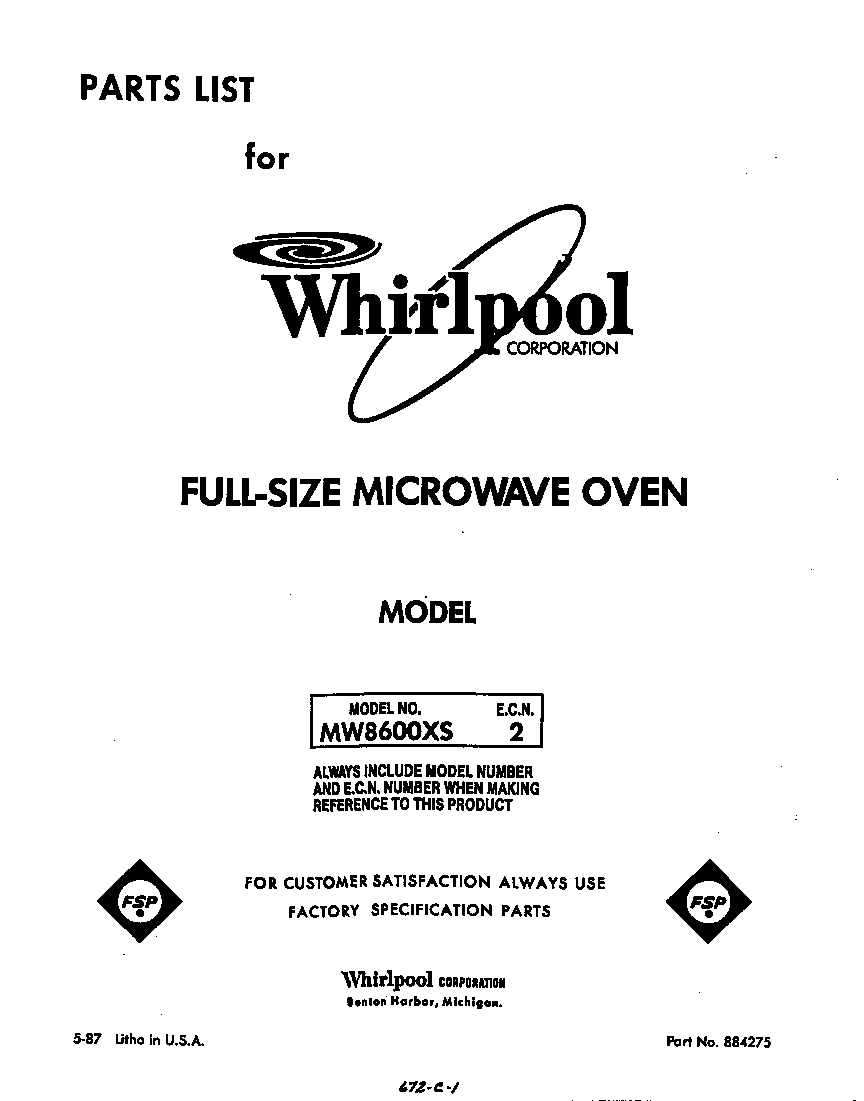 Whirlpool MW8600XS2 front cover diagram