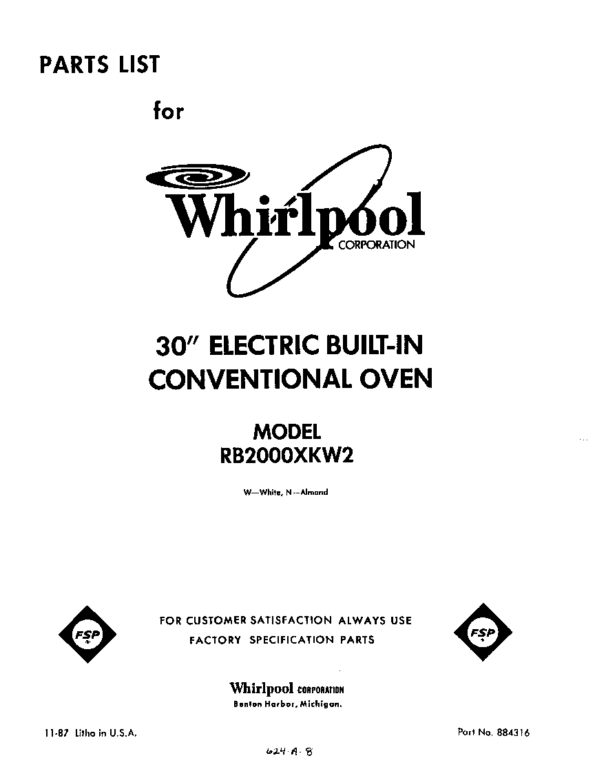 Whirlpool RB2000XKW2 front cover diagram