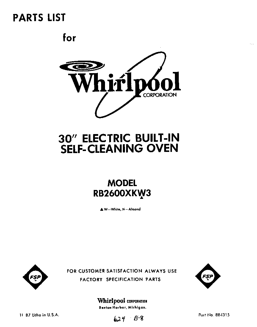 Whirlpool RB2600XKW3 front cover diagram