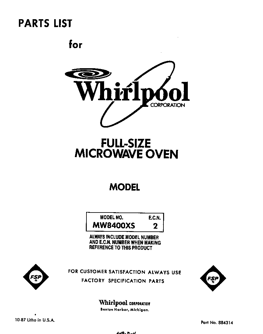 Whirlpool MW8400XS2 front cover diagram