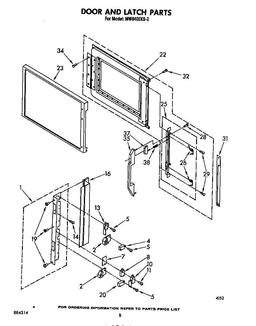 Whirlpool MW8400XS2 door and latch diagram