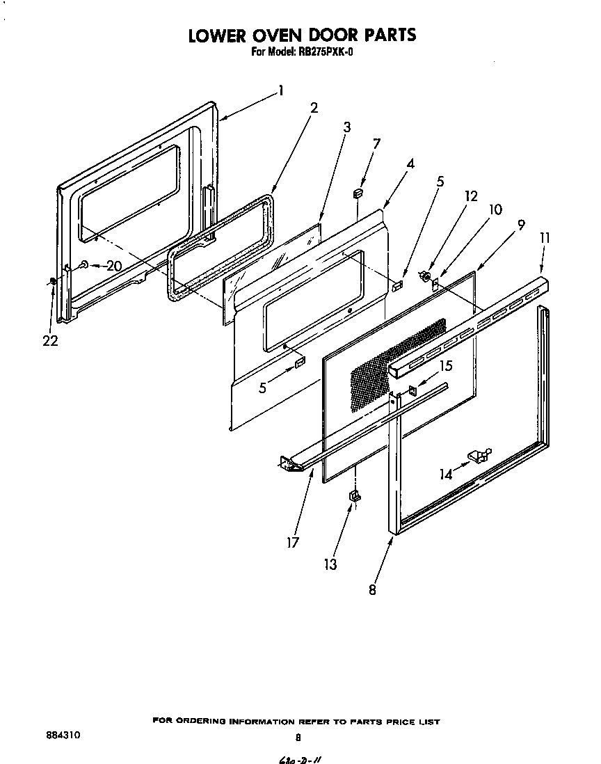 Whirlpool RB275PXK0 lower oven door diagram