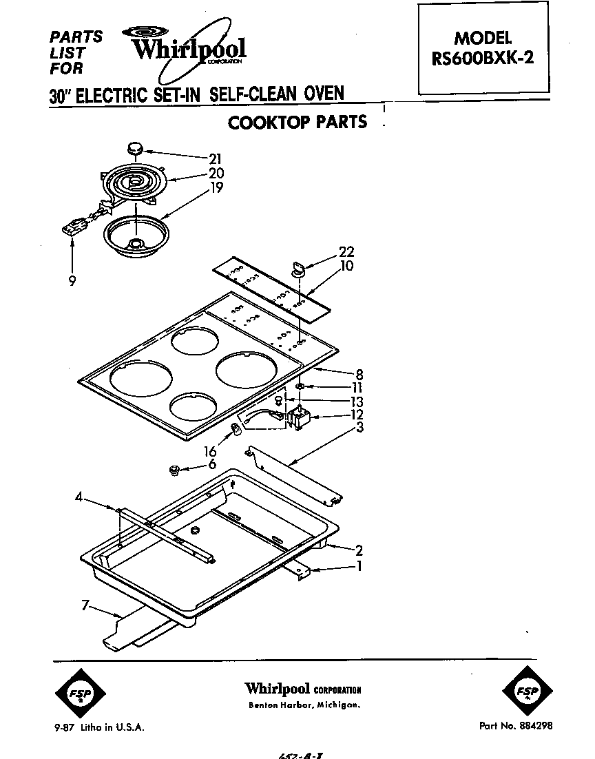 Whirlpool RS600BXK2 cook top diagram