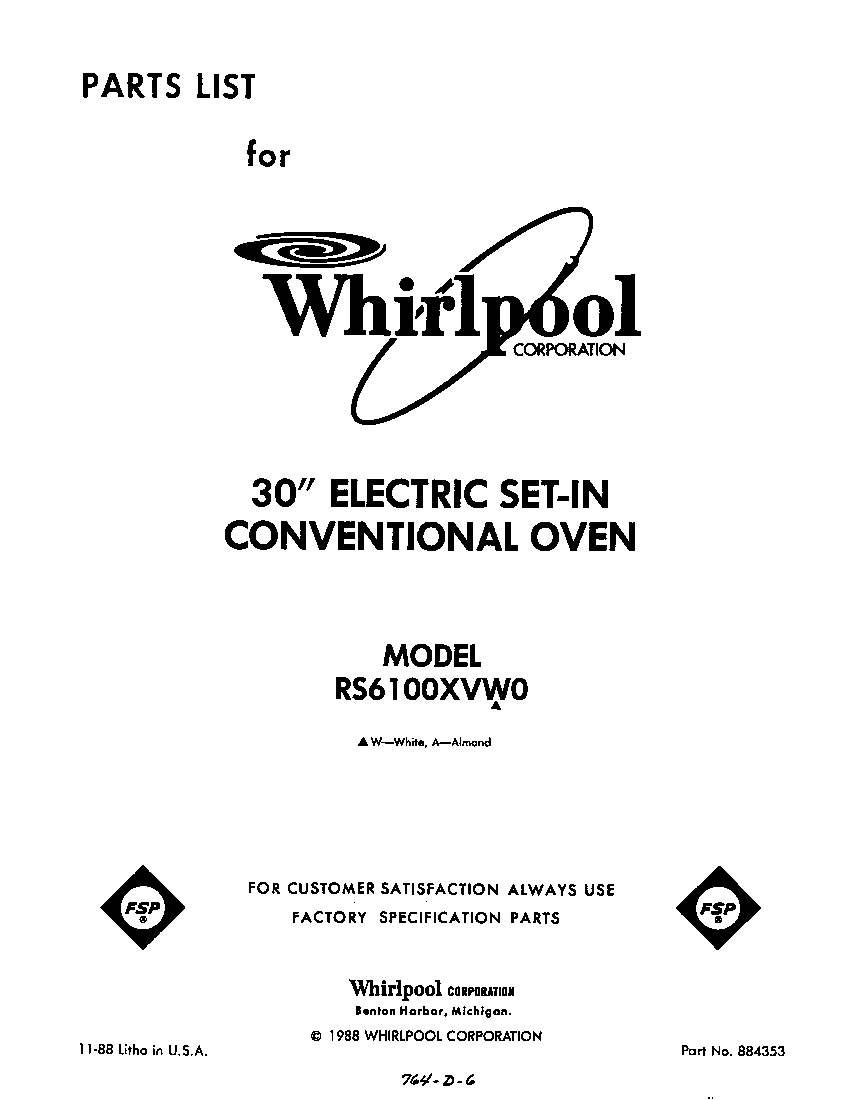 Whirlpool RS6100XVW0 front cover diagram