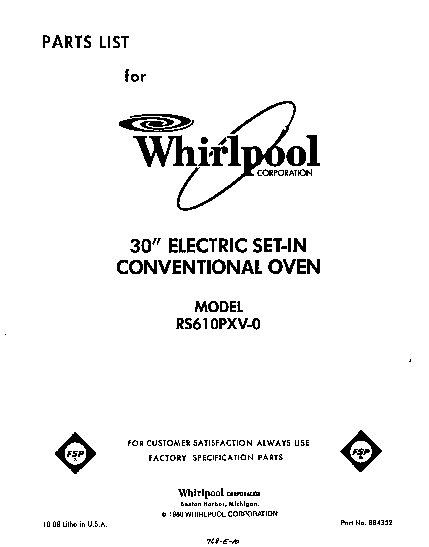 Whirlpool RS610PXV0 front cover diagram
